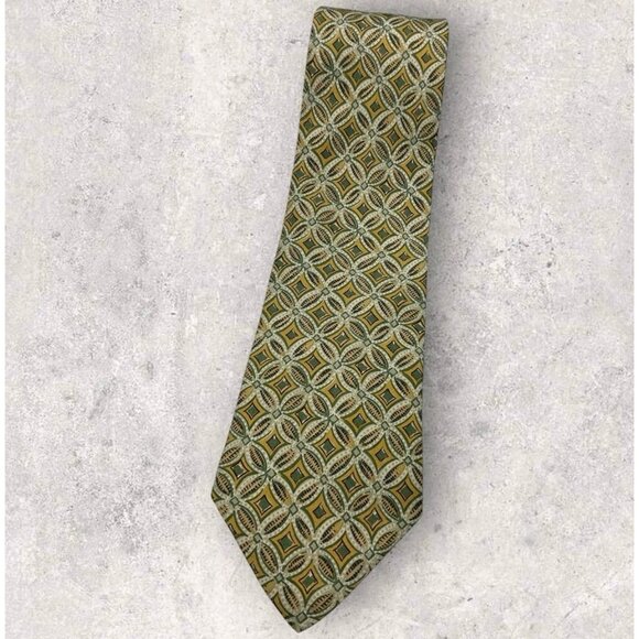 ERMENEGILDO ZEGNA Silk Tie ITALY Mustard Green Geometric W:3.8" EUC - Picture 1 of 6